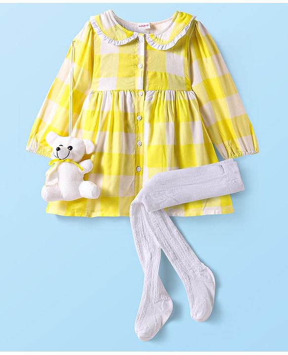 Babyhug Cotton Knit Full Sleeves Checkered Peter Pan Collared Frock with Leggings & Teddy Sling  - Yellow