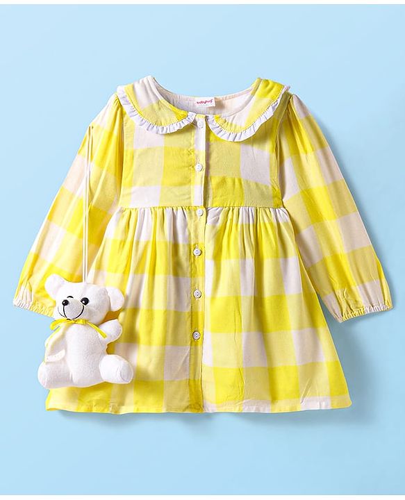 Babyhug Cotton Knit Full Sleeves Checkered Peter Pan Collared Frock with Leggings & Teddy Sling  - Yellow