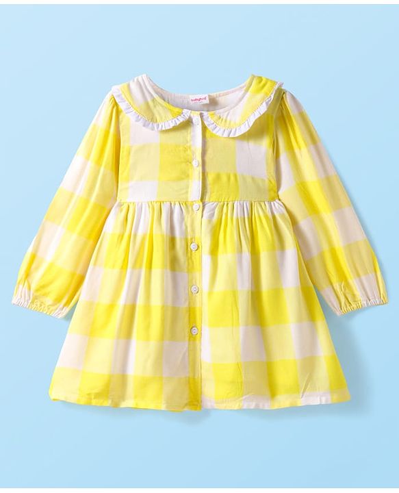 Babyhug Cotton Knit Full Sleeves Checkered Peter Pan Collared Frock with Leggings & Teddy Sling  - Yellow