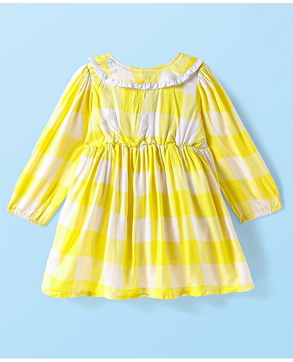 Babyhug Cotton Knit Full Sleeves Checkered Peter Pan Collared Frock with Leggings & Teddy Sling  - Yellow