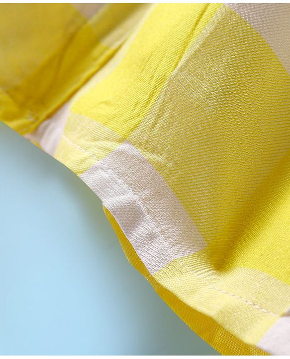 Babyhug Cotton Knit Full Sleeves Checkered Peter Pan Collared Frock with Leggings & Teddy Sling  - Yellow