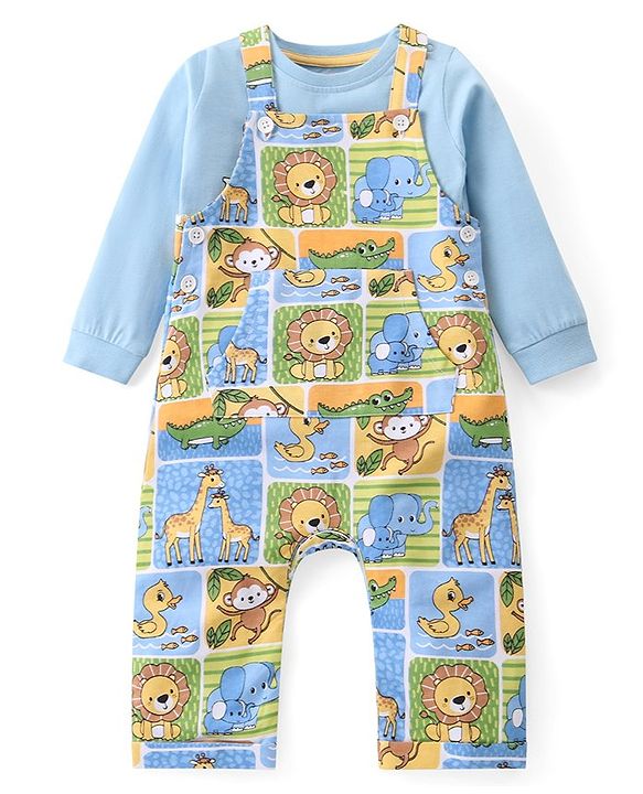 Babyhug Single Jersey Knit Dungaree and Full Sleeves T-Shirt Set Wild Animal Print - Blue