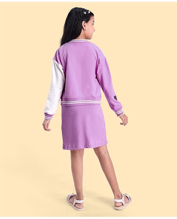 Pine Kids Knit Full Drop Shoulder Sleeves Cut & Sew Jacket with Solid Color Frock & Text Print - Purple