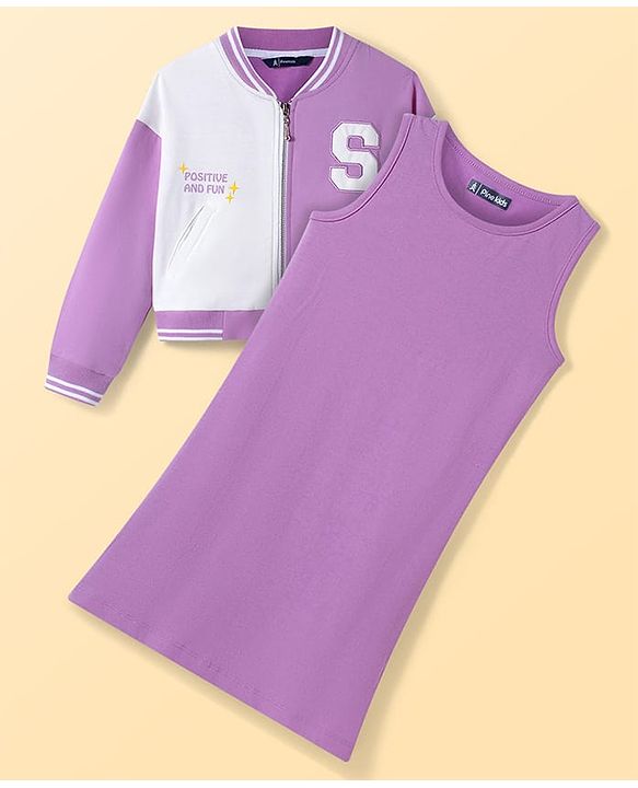 Pine Kids Knit Full Drop Shoulder Sleeves Cut & Sew Jacket with Solid Color Frock & Text Print - Purple