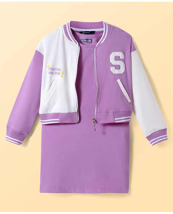 Pine Kids Knit Full Drop Shoulder Sleeves Cut & Sew Jacket with Solid Color Frock & Text Print - Purple