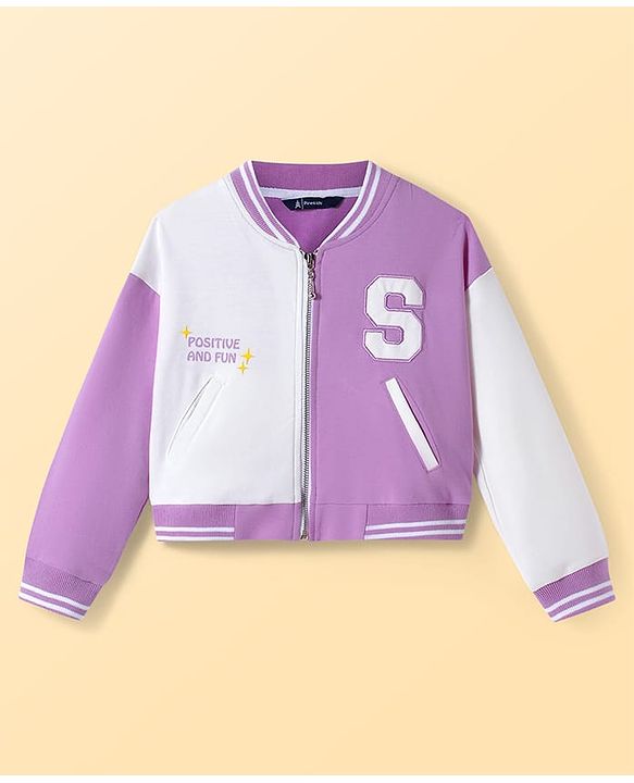 Pine Kids Knit Full Drop Shoulder Sleeves Cut & Sew Jacket with Solid Color Frock & Text Print - Purple