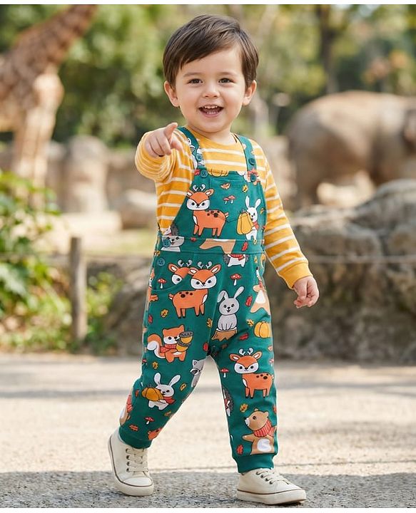 Babyhug Single Jersey Knit Full Sleeves Striped T-Shirt & Dungaree with Animal Print - Yellow & Green