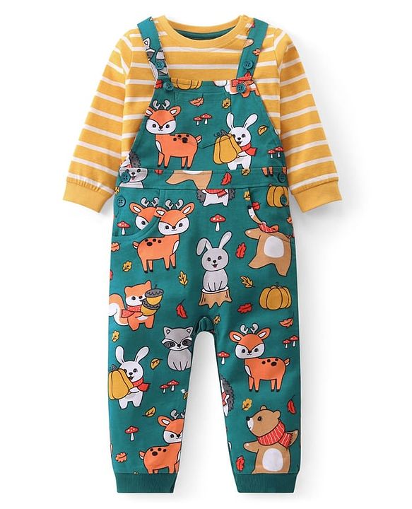 Babyhug Single Jersey Knit Full Sleeves Striped T-Shirt & Dungaree with Animal Print - Yellow & Green