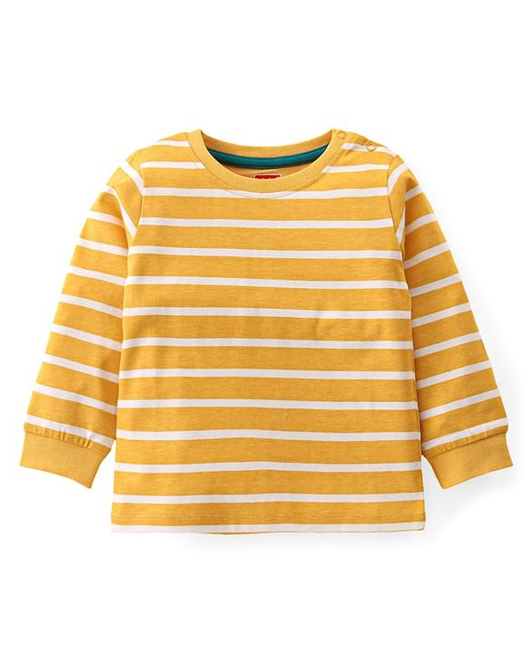 Babyhug Single Jersey Knit Full Sleeves Striped T-Shirt & Dungaree with Animal Print - Yellow & Green