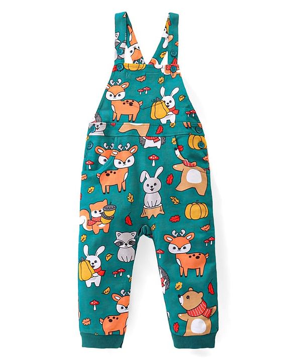 Babyhug Single Jersey Knit Full Sleeves Striped T-Shirt & Dungaree with Animal Print - Yellow & Green