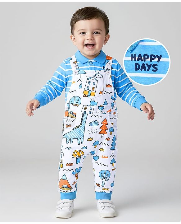 Babyhug Single Jersey Knit Full Sleeves Striped T-Shirt & Dungaree with Dino Print - Blue & White