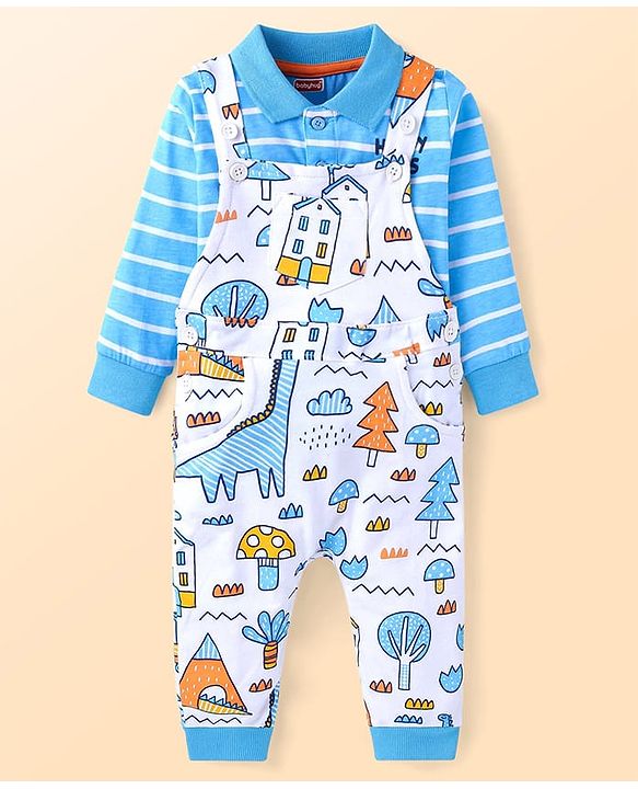 Babyhug Single Jersey Knit Full Sleeves Striped T-Shirt & Dungaree with Dino Print - Blue & White