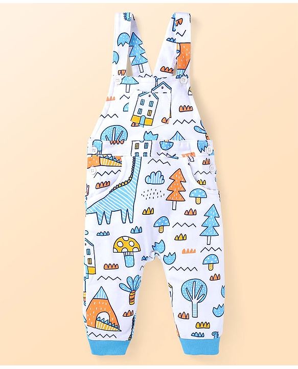 Babyhug Single Jersey Knit Full Sleeves Striped T-Shirt & Dungaree with Dino Print - Blue & White