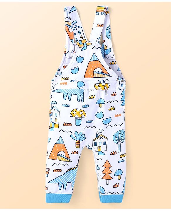 Babyhug Single Jersey Knit Full Sleeves Striped T-Shirt & Dungaree with Dino Print - Blue & White