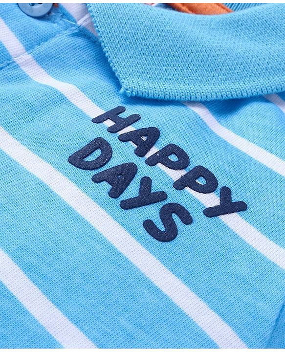 Babyhug Single Jersey Knit Full Sleeves Striped T-Shirt & Dungaree with Dino Print - Blue & White