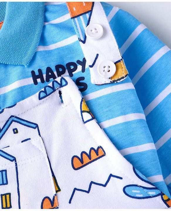 Babyhug Single Jersey Knit Full Sleeves Striped T-Shirt & Dungaree with Dino Print - Blue & White