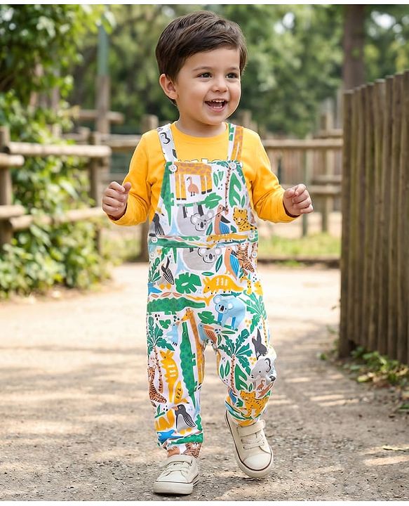 Babyhug Cotton Knit Koala Bear Printed Dungaree with Full Sleeves T-Shirt - Yellow & White