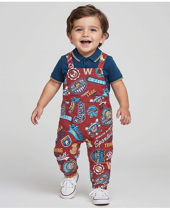 Babyhug Single Jersey Knit Dungaree with Polo T-Shirt Text Print - Navy Blue & Red