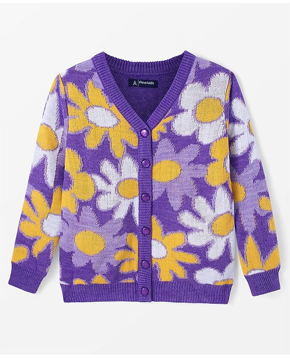Pine Kids Full Sleeves Front Open   Sweater With Floral Design - Purple Yellow & White