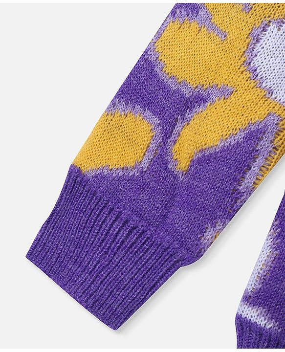 Pine Kids Full Sleeves Front Open   Sweater With Floral Design - Purple Yellow & White