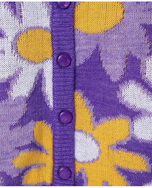 Pine Kids Full Sleeves Front Open   Sweater With Floral Design - Purple Yellow & White