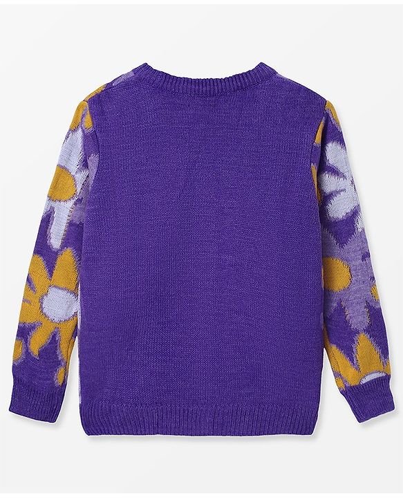 Pine Kids Full Sleeves Front Open   Sweater With Floral Design - Purple Yellow & White