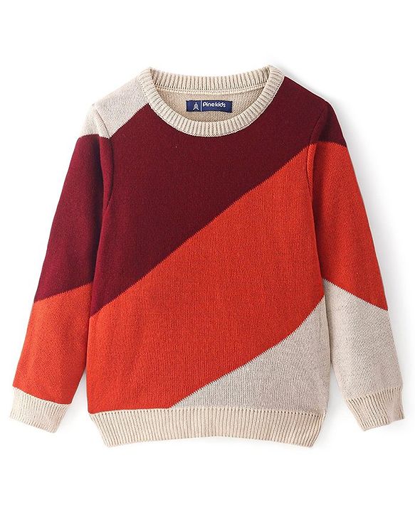 Pine Kids Knitted Full Sleeves Colour Block Designed Pullover Sweater - Red Maroon & Beige