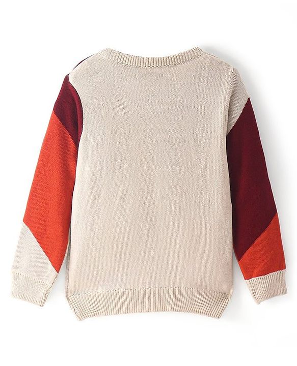 Pine Kids Knitted Full Sleeves Colour Block Designed Pullover Sweater - Red Maroon & Beige