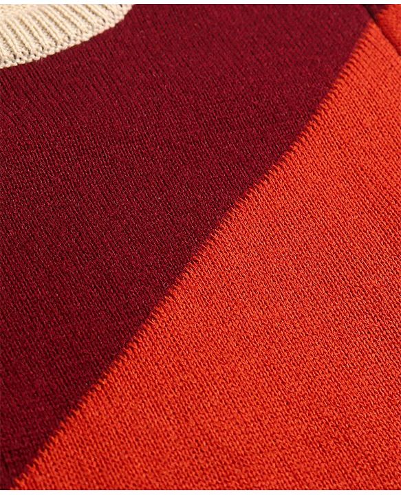 Pine Kids Knitted Full Sleeves Colour Block Designed Pullover Sweater - Red Maroon & Beige