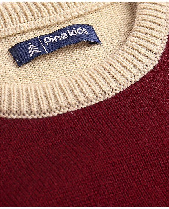 Pine Kids Knitted Full Sleeves Colour Block Designed Pullover Sweater - Red Maroon & Beige