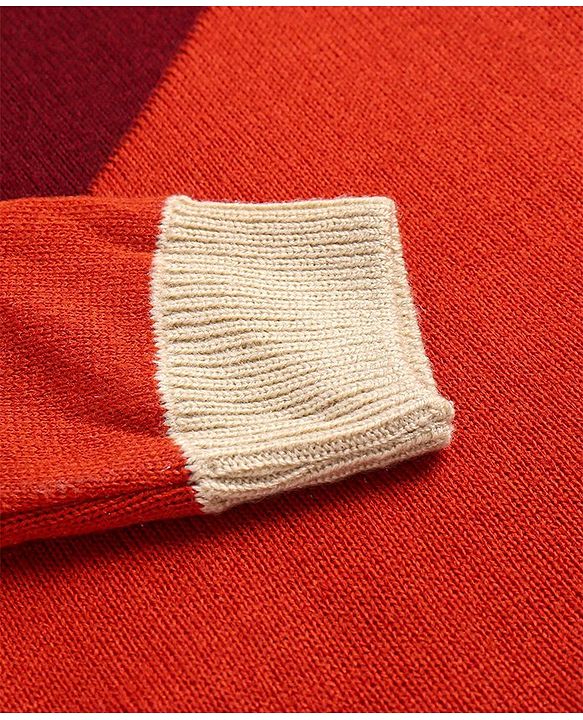 Pine Kids Knitted Full Sleeves Colour Block Designed Pullover Sweater - Red Maroon & Beige