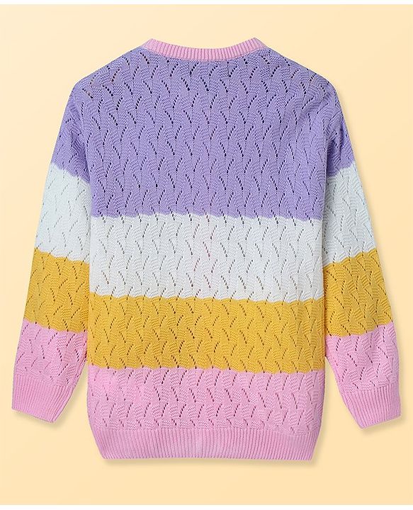 Pine Kids Full Sleeves Front Open   Sweater With Stripes - Purple Yellow & White