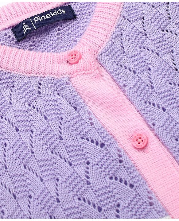 Pine Kids Full Sleeves Front Open   Sweater With Stripes - Purple Yellow & White