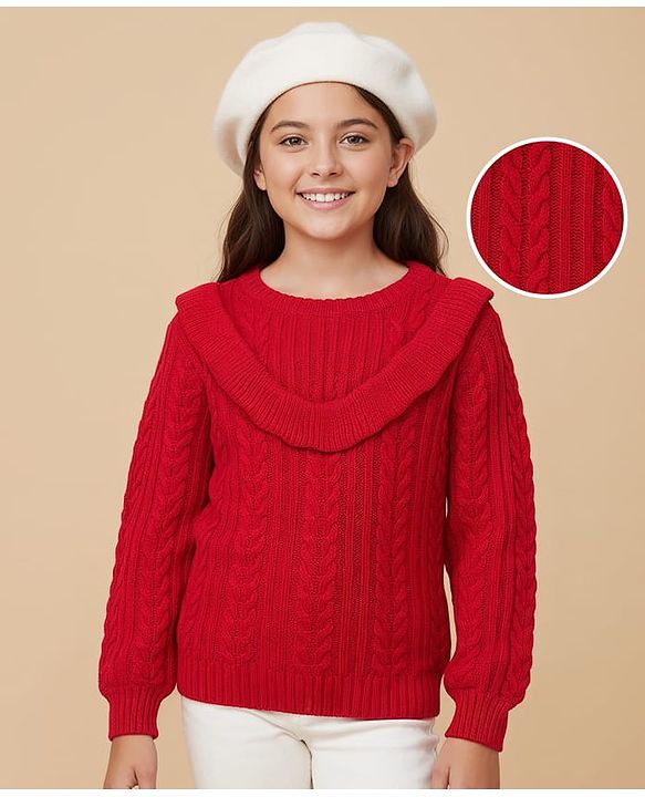 Pine Kids Knitted Full Sleeves Pullover Sweater with Cable Knit Design & Frill Detailing - Red