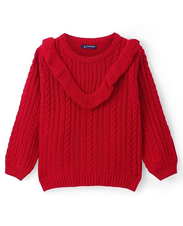 Pine Kids Knitted Full Sleeves Pullover Sweater with Cable Knit Design & Frill Detailing - Red