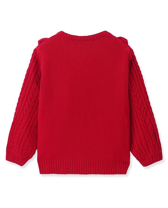 Pine Kids Knitted Full Sleeves Pullover Sweater with Cable Knit Design & Frill Detailing - Red