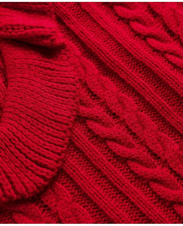 Pine Kids Knitted Full Sleeves Pullover Sweater with Cable Knit Design & Frill Detailing - Red
