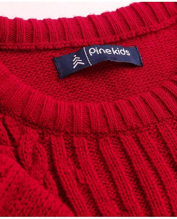 Pine Kids Knitted Full Sleeves Pullover Sweater with Cable Knit Design & Frill Detailing - Red