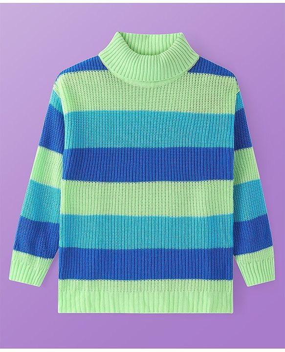 Pine Kids Knitted Full Sleeves Turtle Neck Pullover Sweater with Stripes Design - Light Green