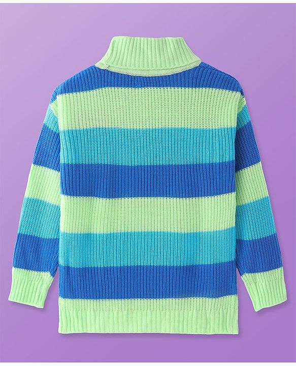Pine Kids Knitted Full Sleeves Turtle Neck Pullover Sweater with Stripes Design - Light Green