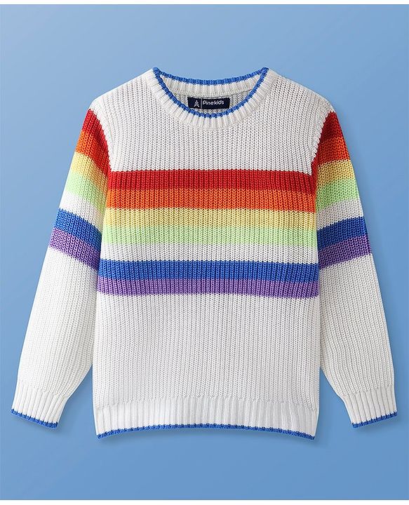 Pine Kids Knitted Full Sleeves Color Block Designed Sweater - White
