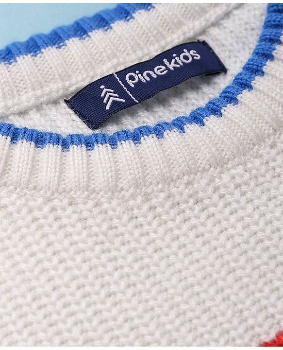 Pine Kids Knitted Full Sleeves Color Block Designed Sweater - White