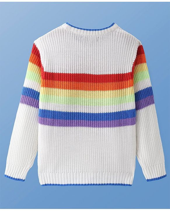 Pine Kids Knitted Full Sleeves Color Block Designed Sweater - White