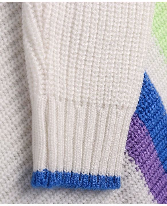 Pine Kids Knitted Full Sleeves Color Block Designed Sweater - White