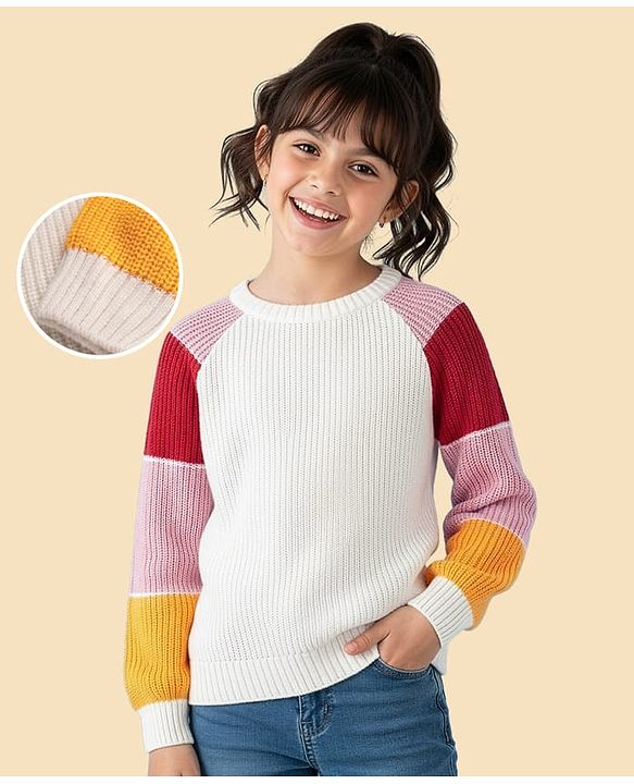 Pine Kids Knitted Full Raglan Sleeves Colour Block Print Pullover Sweater - White Red & Pink