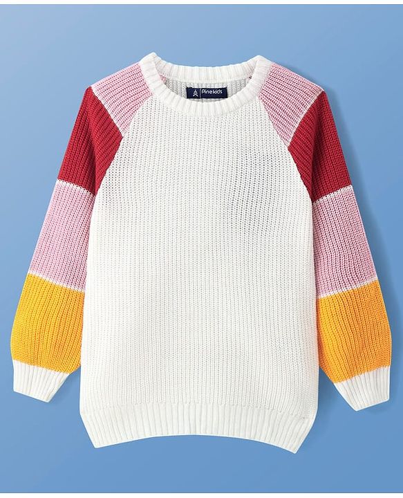 Pine Kids Knitted Full Raglan Sleeves Colour Block Print Pullover Sweater - White Red & Pink