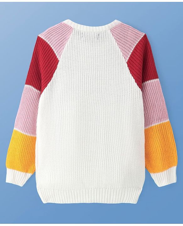 Pine Kids Knitted Full Raglan Sleeves Colour Block Print Pullover Sweater - White Red & Pink