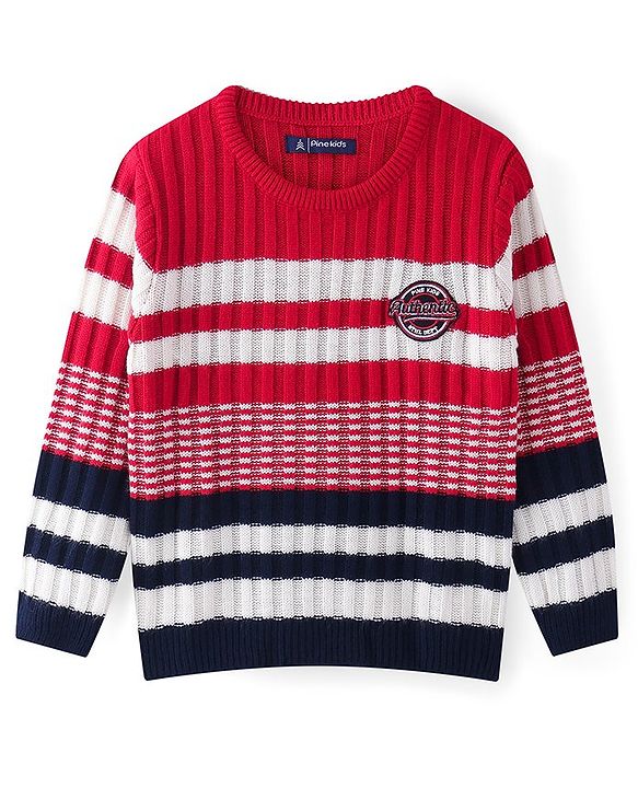 Pine Kids Knitted Full Sleeves Pullover Sweater with Stripes & Cable Knit Design - Red