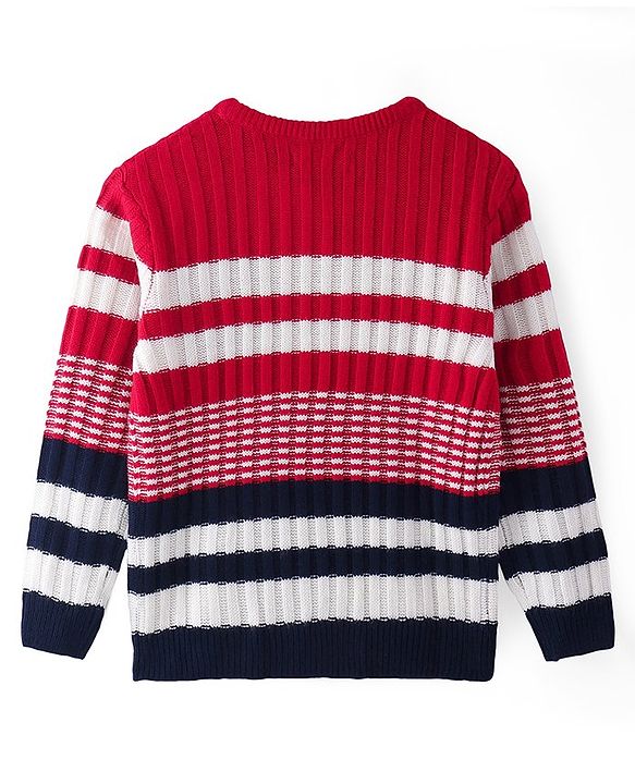 Pine Kids Knitted Full Sleeves Pullover Sweater with Stripes & Cable Knit Design - Red