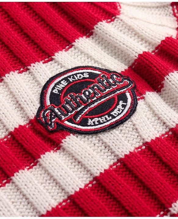 Pine Kids Knitted Full Sleeves Pullover Sweater with Stripes & Cable Knit Design - Red